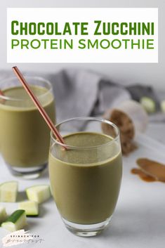 two glasses filled with chocolate zucchini protein smoothie