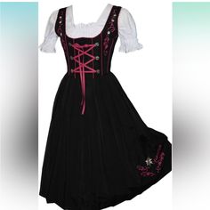 Edelweiss Creek Long 3-Pcs Black & Pink German Embroidered Oktoberfest Dirndl. Comes With Blouse. Bought For My Mother And Ended Up Being Too Small. Top: Shoulder To Shoulder 9.5” P2p 11” Waist 8.5” Dress: Zipp 17” Length 40.5” P2p 15” Waist 15” Traditional German Dress, German Traditional Dress, German Dress Dirndl, German Dress, My Mother, Size 2, Black Pink, Pink, Women Shopping