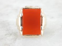 Sleek Carnelian Men's Ring from the Retro Era 63583V-N Classic Carnelian Signet Ring With Polished Finish, Classic Carnelian Signet Ring For Formal Occasions, Classic Carnelian Signet Ring For Formal Events, Classic Carnelian Rings With Polished Finish, Classic Orange Rings With Polished Finish, Classic Carnelian Signet Ring For Anniversary, Vintage Carnelian Signet Ring For Formal Occasions, Vintage Orange Rings For Formal Occasions, Orange Vintage Rings For Formal Occasions