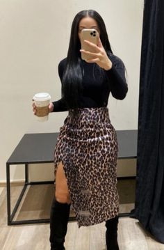 Skirt And Cardigan Outfit Winter, Christmas Company Party Outfit, Long Skirt Business Casual, Leopard Print Skirt Outfit Winter, Birthday Date Outfit, Leopard Skirt Outfit Fall, Cheetah Outfit Ideas, Curvy Date Night Outfit, Pencil Skirt Outfits Casual