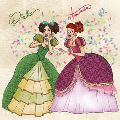 two women in dresses talking to each other with sprinkles on the background