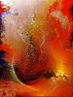 an abstract painting with red, yellow and blue colors