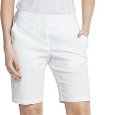 White Izod Women’s Golf Stretch 10" Short With Pockets 75% Rayon, 22% Nylon, 3% Elastane Hook And Bar Closure Machine Wash Comfortable Stretch Fabric For Maximum Movement On The Golf Course. Built In Upf 15+ For Sun Protection. Moisture-Wicking Keeps You Dry By Pulling Moisture Away From The Body. Flattering Fly Front Style With Hook Closure. Two Front Pockets And Two Rear Pockets To Store And Easily Access All Your Golf Essentials. Modern Streamlined Fit Designed To Sit Just Below The Natural W White Golf Bottoms With Built-in Shorts, Fitted White Golf Bottoms, Sporty White Bottoms For Golf, Spring White Stretch Bermuda Shorts, White Stretch Bermuda Shorts, White Bermuda Shorts With Pockets For Work, Sporty White Golf Shorts, White Fitted Bermuda Shorts Casual, White Golf Bottoms For Summer