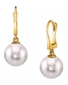 These earrings include two beautiful Certified Japanese Akoya Hanadama pearls with 'Very High' luster, our highest available. These stunning pearls hang from 14K white or yellow gold earrings to create a product that displays pure, classic elegance. Classic Dangle Earrings With High Luster, Classic Pearl White High Luster Earrings, Elegant Pearl White Earrings With High Luster, Classic White Pearl Earrings With Lever Back, Elegant Yellow Gold Round Pearl Earrings, Formal White High Luster Pearl Earrings, Pearl White Formal Earrings With High Luster, Formal Pearl White Earrings With High Luster, Refined Yellow Gold Pearl Earrings For Formal Occasions