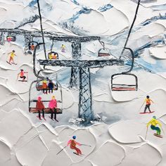 a painting of people skiing on a ski lift