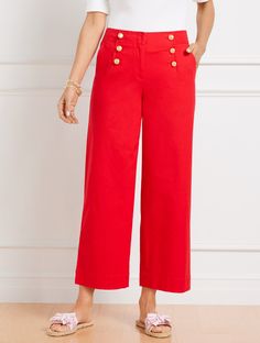 Sail into the season in style with our on-trend cropped sailor pants. Made from cotton. Detailed with sleek buttons. Features Flat Front/Trouser Wide Leg Hits At Waist Crop Length Fly front with hook & bar closure Front Slash, Back Patch pockets Imported Fit: Misses: 26"; Petite: 22 1/2"; Plus: 26"; Plus Petite: 22 1/2" Material: 98% Cotton, 2% Spandex Care: Turn Garment Inside Out; Machine Wash Cold, Gentle Cycle; Only Non-Chlorine Bleach When Needed; Tumble Dry Low; Warm Iron If Needed | Cotto Crop Trousers, Sailor Pants, Classic Style Women, Crop Pants, Knit Sweater Dress, Flat Espadrilles, Cropped Trousers, White Summer, White Pants