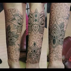 three different views of the same leg with tattoos on each arm and one in the middle