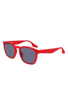 Upgrade your sunny-day style with rounded square sunglasses featuring recycled PET frames with integrated nose pads. 52mm lens width; 20mm bridge width; 140mm temple length   100% UV protection   Recycled polyethylene terephthalate   Imported Red Sunglasses With Gradient Lenses For Outdoor, Modern Red Plastic Sunglasses, Red Wayfarer Sunglasses With Uv Protection, Red Square Frame Sunglasses With Polarized Lenses, Red Square Frame Sunglasses With Uv Protection, Red Square Frame Sunglasses With Tinted Lenses, Casual Red Polarized Sunglasses, Red Sunglasses With Uv Protection For Outdoor Use, Red Wayfarer Sunglasses For Outdoor