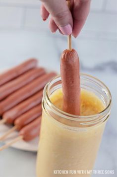 Craving the nostalgic taste of state fair corn dogs but want to enjoy them from the comfort of your own kitchen? Learn how to whip up these delicious treats quickly and effortlessly at home. Perfectly golden and crispy on the outside, with a juicy hot dog center, these homemade corn dogs are sure to satisfy your fairground food cravings. Whether it's for a fun family dinner or a casual gathering, these corn dogs bring the festive fair atmosphere right to your table. Get ready to impress with this simple and speedy recipe that captures all the flavor and excitement of the fair! Hot Dog On A Stick Batter Recipe, Hot Dog On A Stick Recipe, Hotdog On Sticks Ideas, Hot Dog Wiener Recipes, Hot Dog Weenie Recipes, Recipes With Weiners, Hot Dog Lunch Ideas For Kids, Things To Make With Hot Dogs, Easy Hot Dog Recipes