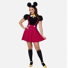 two women in mickey and minnie mouse costumes, one is wearing a red dress with black sleeves