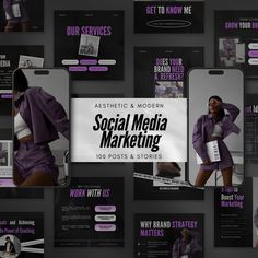 the social media marketing presentation is displayed in purple and black colors, with an image of a woman's torso