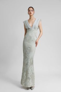 Dress With Draping, V Neckline Dress, Grey Gown, Eve Dresses, Unique Prom Dresses, Neckline Dress, Necklines For Dresses, Embroidery Dress, White Outfits