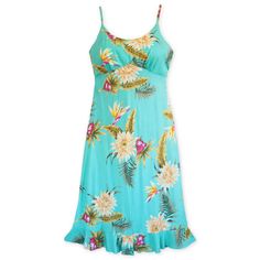 The Kamalii floral dress features a flattering shape in a beautiful Hawaiian fabric. Show-stopping flowers of night-blooming cereus on a serene green tropical back drop.-Round empire neckline -Skinny shoulder straps -Easy pull-over bias fit -Ruffled hemline -Poplin Rayon -Made in Hawaii, USA -Size S - XXL Green Hawaiian Floral Print Dress, Tropical Sleeveless Sundress With Hibiscus Print, Tropical Sleeveless Hibiscus Print Sundress, Tropical Spaghetti Strap Dress With Tropical Print, Tropical Fitted Dress With Spaghetti Straps, Fitted Tropical Dress With Spaghetti Straps, Green Tropical Sundress With Floral Print, Green Tropical Floral Print Sundress, Tropical Green Floral Print Sundress