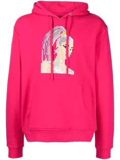 magenta cotton blend graphic print at the chest classic hood long sleeves ribbed hem Fitted Cotton Hoodie With Graphic Print, Fitted Pink Cotton Hoodie, Fitted Cotton Hoodie With Ribbed Cuffs, Cotton Fitted Hoodie With Ribbed Cuffs, Battle Royale, Pink Hoodie, 8 Bit, Mens Activewear, Cotton Spandex