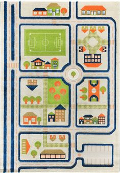 an area rug with houses, trees and soccer field on the ground in blue and green