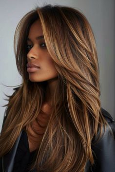 Caramel balayage highlights bring warmth and depth to your haircreating a softnatural-looking gradient that Blonde And Auburn Highlights Black Women, Dark Hair With Caramel And Blonde Highlights, Beyonce Caramel Hair, Layers With Caramel Highlights, Fall Bronde Balayage Long Hair, Highlight Caramel Hair, Hair Color Ideas For Brunettes With Red Copper Caramel Highlights, Orange Copper Hair Color With Highlights, Medium Caramel Brown Hair