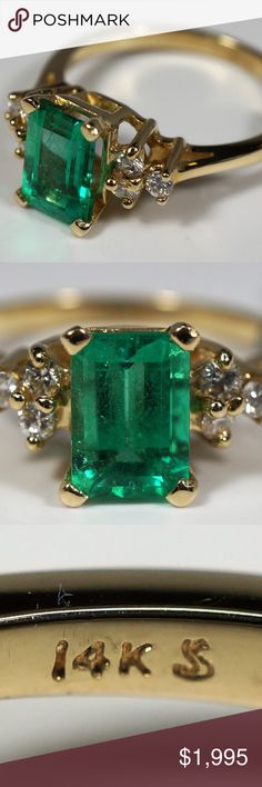 14KY Emerald & Diamond Ring 8mm x 5.5mm, 1.10 carat Colombian emerald with 3 round brilliant diamonds on each side(total diamond weight 1/5 carat).  Ring is a size 6 and has a total weight of 2.9 grams. Jewelry Rings Emerald Cabochon Ring With Diamond - Gift, 14k Gold Emerald Ring With 17 Jewels - Collectible, Sterling Silver Hallmarked Emerald Ring, May Birthstone, 5 Carat Ring, Emerald Diamond Ring, Colombian Emeralds, Emerald Diamond, Brilliant Diamond, Womens Jewelry Rings