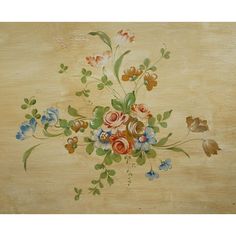 an old painting with flowers and leaves painted on it