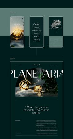 the website design for planet taria is shown in black and green tones, with gold accents