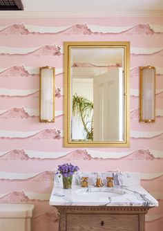 janet rides wallpaper lingua franca pink Ocean Wave Wallpaper, Pink Wallpaper Bathroom, Wave Wallpaper, Wallpaper Bathroom, Pink Ocean, Waves Wallpaper, Geometric Vintage, Fabric Wall Art, Paper Material