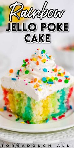 a piece of rainbow jello poke cake on a plate