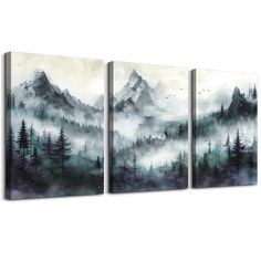 three pieces of art depicting mountains and trees in the fog with birds flying over them