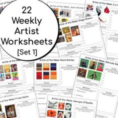 twelve art worksheets with the text 22 weekly artist worksheets set 1