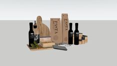 an assortment of wine bottles and cutting boards