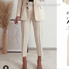 73.00% Viscose 23.00% Polyamide 4.00% Elastane Cuff: 100.00% Cotton Inseam Around 26.3 In White Workwear Sets With Pockets, High Waist Workwear Sets With Pockets, High Waist Sets With Pockets For Work, Elegant Sets With High-waisted Pants And Pockets, Workwear Sets With Pockets, Summer Workwear Trouser Sets, Summer Workwear Trousers Sets, Cream Business Casual Trousers, Cream Workwear Pants With Welt Pockets