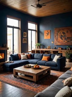 Navy Blue Living Room with Persian Rug Navy Sofa Living Room, Blue And Orange Living Room, Living Room Design Blue, Terracotta Living Room, Blue Walls Living Room, Blue Sofas Living Room, Blue Couch Living Room, Navy Living Rooms, Navy Blue Living Room