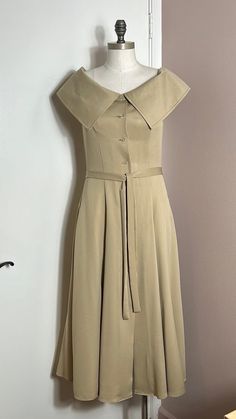 "Vintage C'est Toi Cinderella Dress Tan Color size M belted Vintage runs small so although dress has size M listing as S Chest 17\" Waist 27\" Length 46\" Front button closure Vintage Excellent vintage condition Half skater No label for material Like soft trench coat No lining  Price firm" Fitted A-line Belted Dress For Fall, Collared Fitted Dress With Belt, Fitted Collared Dress With Belt, Fitted Beige Belted Dress, Fitted Collared Dress With Tie Waist, Fitted Beige Belted Summer Dress, Fitted Beige Belted Dress For Summer, Fitted Belted Dress For Spring, Fitted A-line Midi Dress With Belt