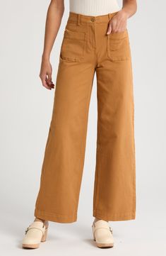 Front patch pockets bring a '70s vibe to these high-waisted pants cut in a trend-savvy wide-leg silhouette from stretch-kissed cotton-blend twill. Zip fly with button closure Front patch pockets 82% cotton, 16% viscose, 2% spandex Machine wash, tumble dry Imported Spring Utility Wide Leg Flare Jeans, Spring Relaxed Fit Flare Jeans With Side Pockets, Spring Flare Jeans With Relaxed Fit And Side Pockets, Fall High-waisted Flare Jeans With Pockets, Trendy Bottoms With Pockets For Elevated Casual Look, Trendy Wide Leg Pants For Elevated Casual Fall, Trendy Fall Wide Leg Pants For Elevated Casual Look, Fall Cotton Wide Leg Pants With Five Pockets, Cotton High-waisted Flare Jeans For Fall