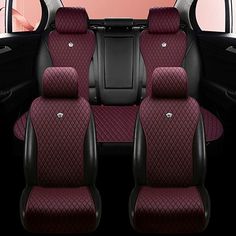 four seats in the back of a car with red and black leather upholstered