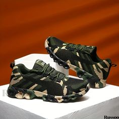 Russoo - Mens Camouflage Knitted Casual Shoes: Lightweight, Breathable Comfort for Travel, Jogging, and Warm Seasons Green Trainers, Camouflage Fashion, Heel Slippers, Print Sneakers, Comfortable Sneakers, Stylish Shoes, Womens High Heels, Canvas Shoes, Types Of Shoes