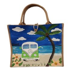 Hand painted burlap jute and canvas bag.  Whimsical Vintage Van on Beach with Palm Tree accent with beads. ♡ DETAILS: - Hand painted original design - Painted with acrylic paint and accented with beads adhered with resin for durability and lasting beauty. - 14.6" x 10.2" x 6.7" - Button closure - Quality materials:  the bag is mainly made from natural burlap fabric and canvas, not easy to break or fade, durable and can stand on its own.  It is reusable, with PE film lining, will be waterproof an Summer Travel Straw Bag With Canvas Material, Summer Travel Canvas Straw Bag, Rectangular Canvas Bag For Vacation, Burlap Straw Bag For Beach In Summer, Summer Beach Burlap Straw Bag, Bohemian Beach Bag Made Of Canvas, Rectangular Canvas Straw Bag For Travel, Beachy Canvas Vacation Bag, Bohemian Jute Beach Bag For Vacation