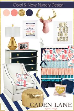 an image of a baby's nursery room with pink, blue and gold accents