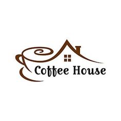 the coffee house logo is shown in brown and white colors, as well as an image of