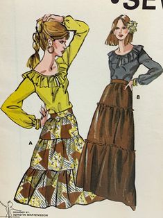 two women's skirts and blouses, one with ruffled sleeves and the other with