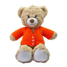 a teddy bear wearing an orange sweater and buttoned up pants sitting on a white background