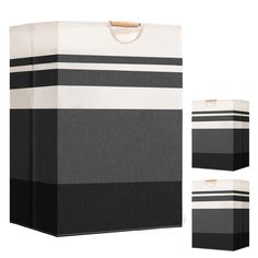 a black and white striped shopping bag with two bags attached to the front, one is empty