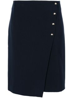 navy blue wrap design off-centre front button fastening cady texture stretch-design high-waisted pencil silhouette two rear welt pockets asymmetric hem knee-length Elegant Navy Skirt For Workwear, Elegant Asymmetrical Wrap Skirt For Work, Elegant Formal Bottoms With Side Buttons, Elegant Navy Skirt For Work, Formal Knee-length Bottoms With Buttons, Elegant Asymmetrical Skirt With Buttons, Elegant Knee-length Bottoms With Buttons, Elegant Office Skirt With Side Buttons, Asymmetrical Skirt With Button Closure For Work