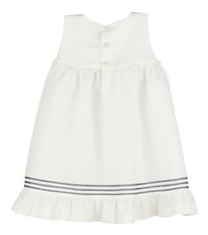 Lovely white sailor dress with navy blue stripes, buttons, and bow accent. Square neckline with ruffle at hem. Perfect for summer holidays, including Memorial Day and Fourth of July! Matching brother bubble and big sister dress available. Also available. in red. White Sailor Dresses For Spring, White Sailor Cotton Dress, White Sailor Style Dress For Spring, White Cotton Sailor Dress, Sailor Style White Cotton Dress, White Sailor Style Spring Dress, Striped Summer Dress With Ruffle Hem, Preppy White Ruffled Dress, Striped Ruffle Hem Dress For Vacation