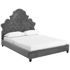 an upholstered bed with white sheets and grey headboard, on a white background