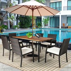 an outdoor dining table and chairs next to a swimming pool