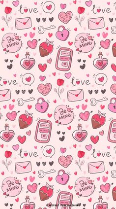 a pink background with hearts and cell phones