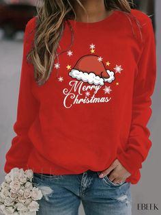 Ebeek - Womens Christmas-themed Long Sleeve Crew Neck Sweatshirt with Hat and Letter Print: A Casual yet Chic Addition to Your Fall and Winter Wardrobe Casual Ankle Boots, High Top Boots, Christmas Hat, Print Pullover, Christmas Women, Fall And Winter, Free Clothes, Winter Wardrobe, Letter Print