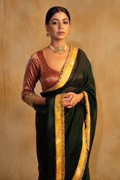 Bottle green silk organza saree with kiran finish on borders. - Aza Fashions Saree Women, Border Saree, Saree For Women, Organza Saree, Bottle Green, Silk Organza, Green Silk, Aza Fashion, Borders