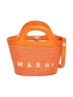 carrot orange cotton blend/leather interwoven design embroidered logo to the front gold-tone hardware adjustable detachable shoulder strap two flat top handles press-stud fastening main compartment internal logo patch contrast lining Marni Bag, Kenzo Kids, Straw Bags, Orange Bag, Stella Mccartney Kids, Online Bags, Italian Fashion, Luxury Retail, Girls Accessories