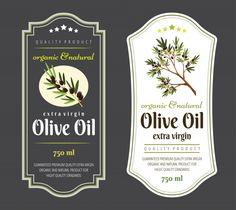 two bottles of olive oil on a dark background with an oval label for the product