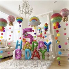 the balloons are all over the room and it says happy birthday